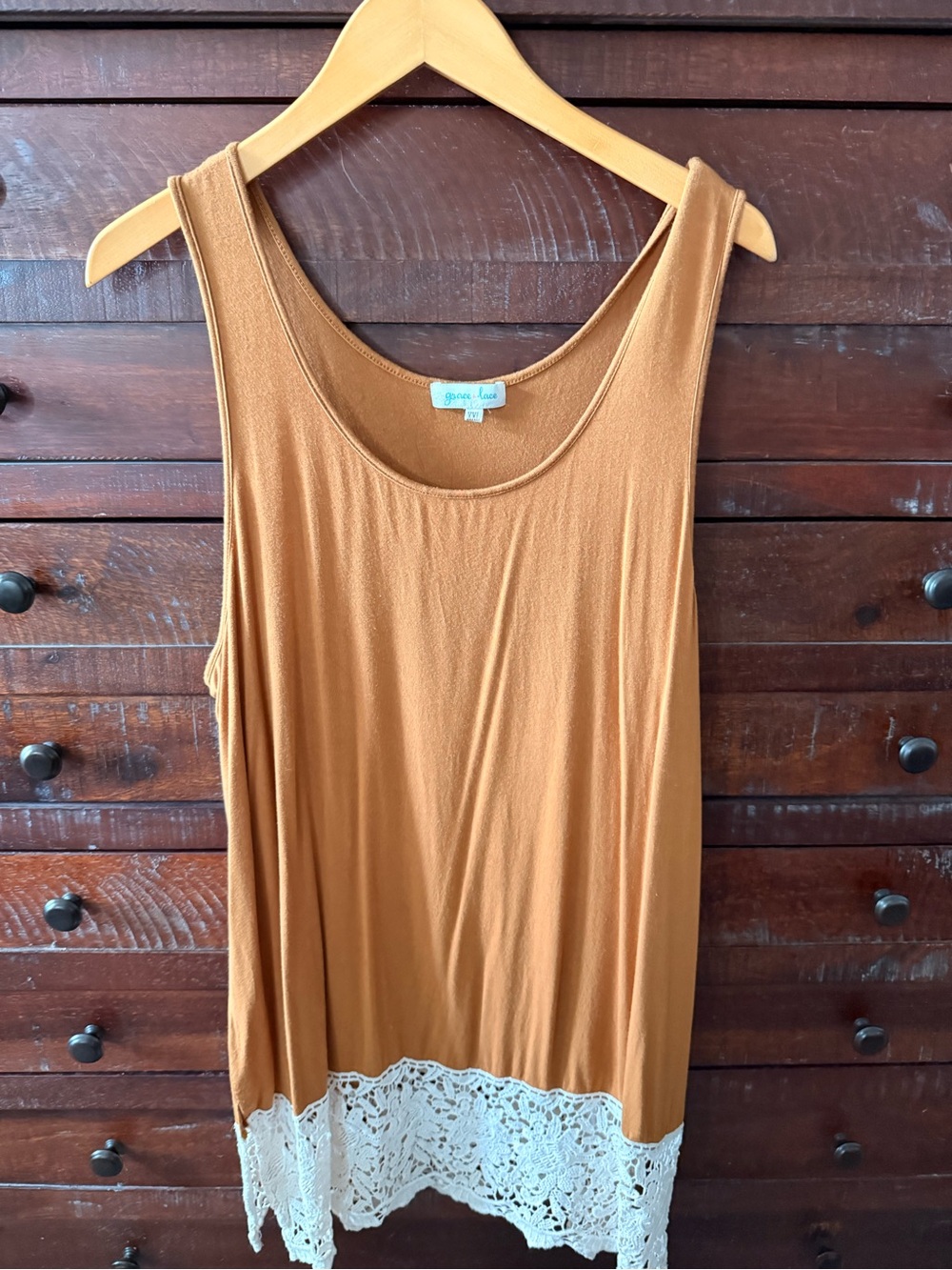Women’s deep tan long tunic Sleeveless Tank with Cream Crochet Hem